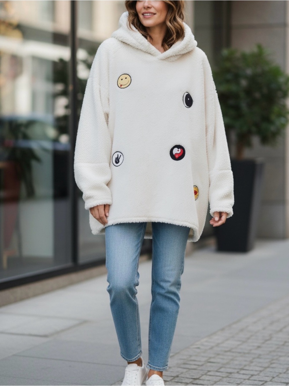 Lauren Moshi Cream Sherpa Hoodie Tunic Sweatshirt Emoji Graphic Oversized XS/S